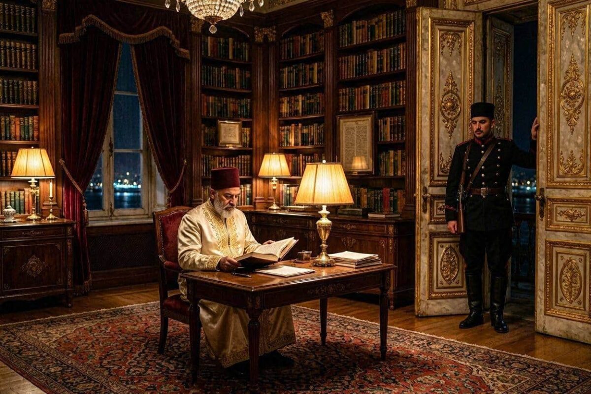 آخری عثمانی خلیفہ عبدال مجید ثانی محل کی لائبریری میں بیٹھے ہیں اور ایک فوجی دروازے پر کھڑا ہے
