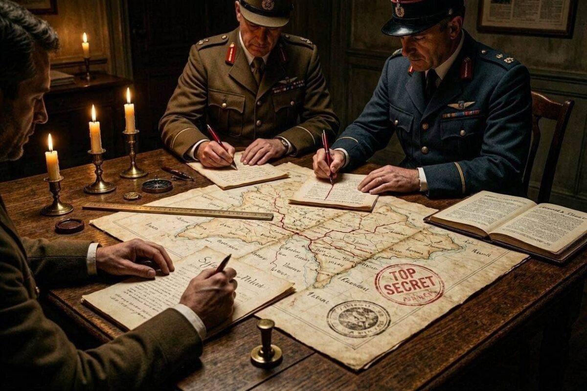 برطانوی اور فرانسی افسران 1916 میں میز پر نقشہ رکھ کر خفیہ Sykes-Picot معاہدے پر بات کرتے ہوئے