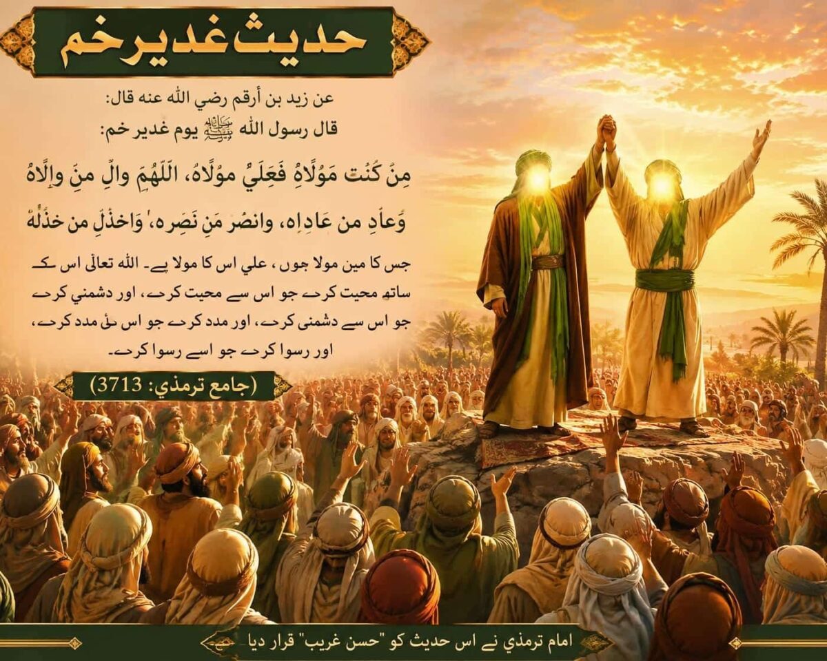 واقعہ غدیر خم کی تصویر جس میں نبی کریم ﷺ حضرت علیؓ کا ہاتھ بلند کر کے خطاب فرما رہے ہیں